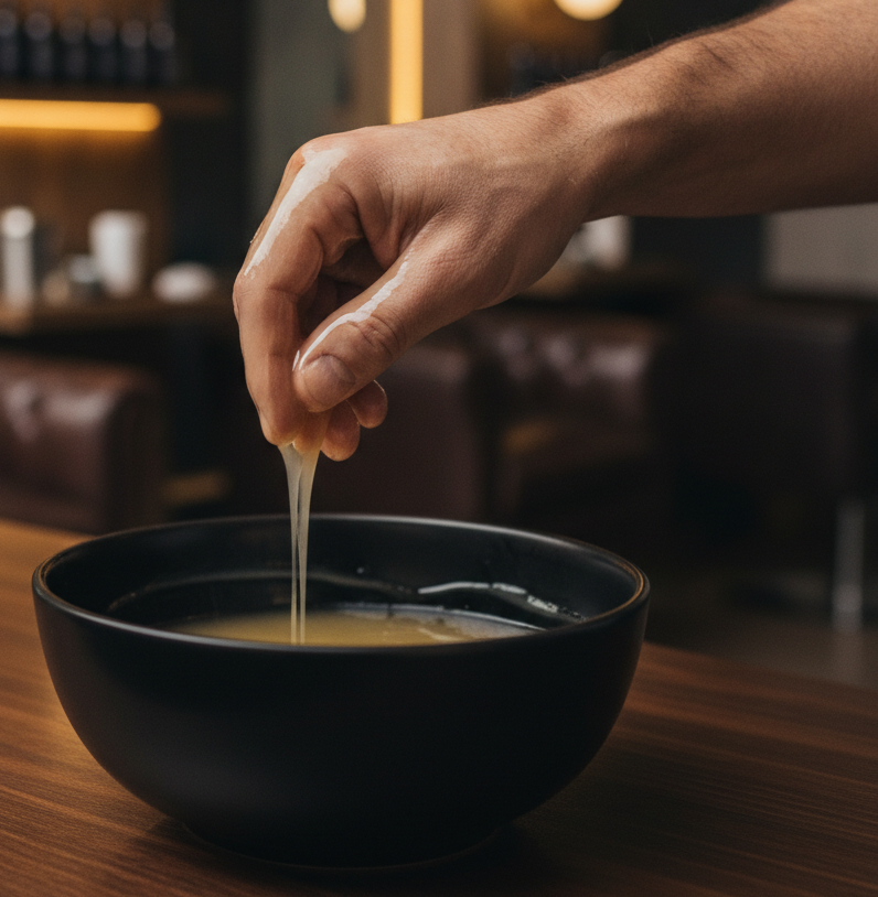 A close-up photograph of a man's rugged hand being gently lifted out of a warm paraffin wax bath in a modern men's grooming lounge. A thin, smooth layer of warm, translucent wax is visible coating his hand and knuckles. The background featu