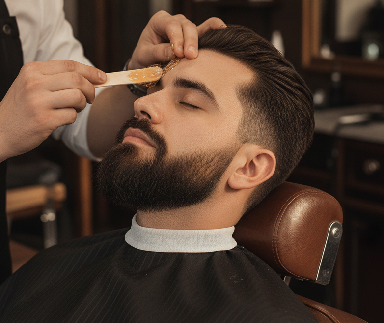 A close-up cinematic photo of a professional barber using a wooden spatula to precisely apply warm facial wax to the upper edge of a man's well-groomed beard and eyebrow area. The client is a man with short hair and a neat beard, relaxed wi